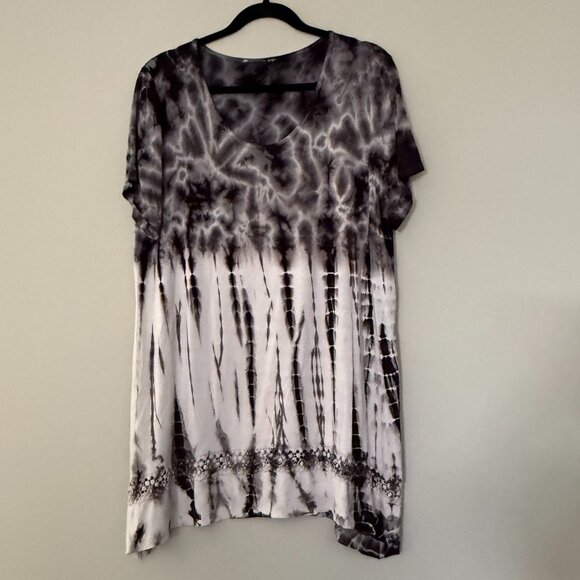 Tie Dye Round Neck Short Sleeve Tunic Black White XL - Picture 1 of 4
